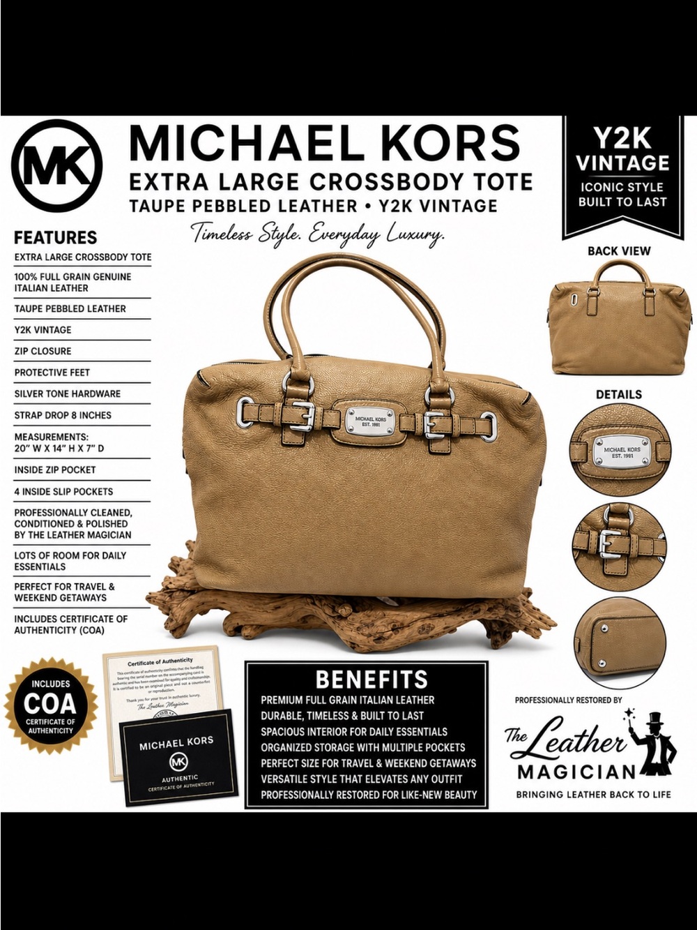 Michael Kors Taupe Pebbled Leather Tote XL COA Luxury Carryall Shoulder Bag